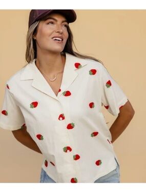Cream Strawberry Print Short-Sleeve Button-Down Shirt - Roolee